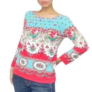 BLUMARINE floral sweater turquoise coral pink beaded Italy 48 / US size XL